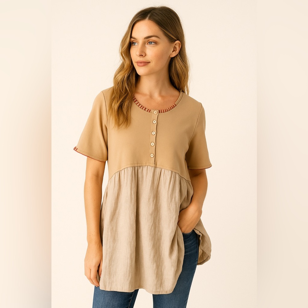 Roolee Women’s Tan and Cream Button-Up Striped Cotton Cottagecore Boho Tunic Top